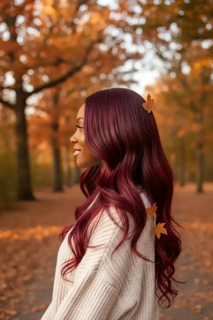 Dark red hair with body wave: a combination made for fall