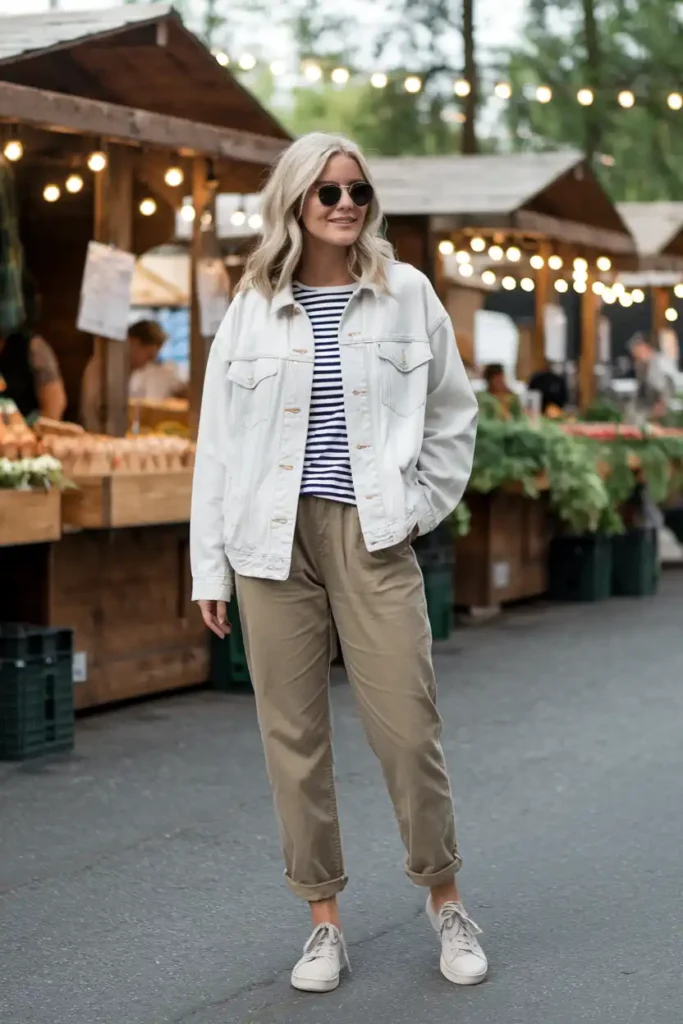 Denim Jacket Layering Over Khaki Pants