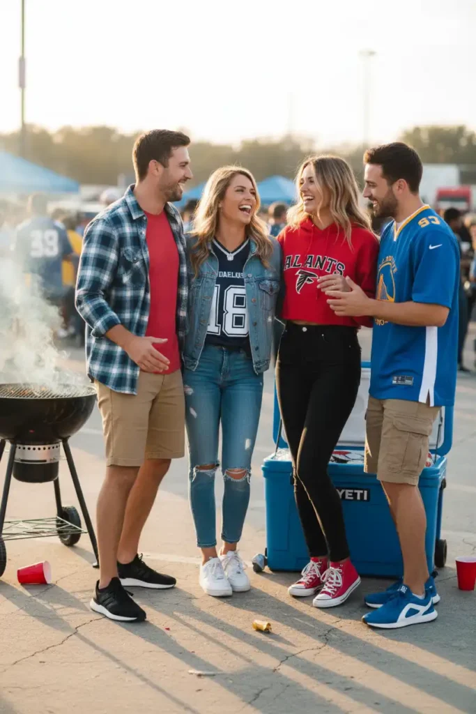 Friends Casual Outfits for a Group Tailgate Photo