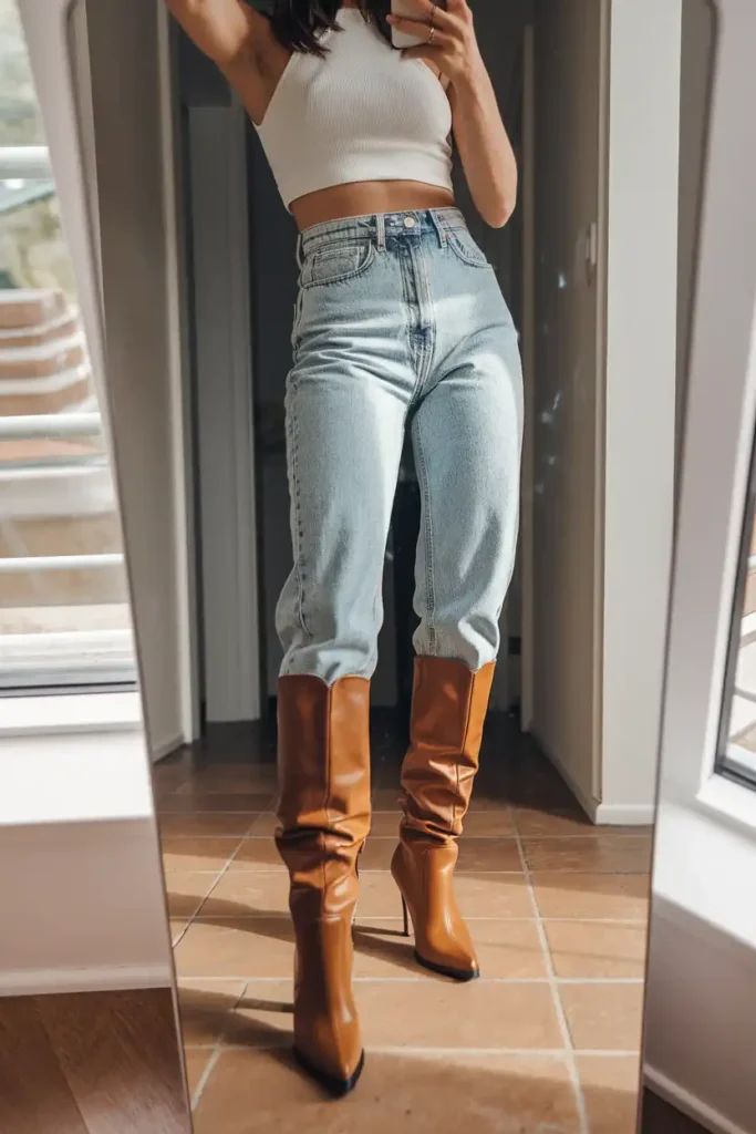 High-waisted jeans and tall boots: a combo for short legs