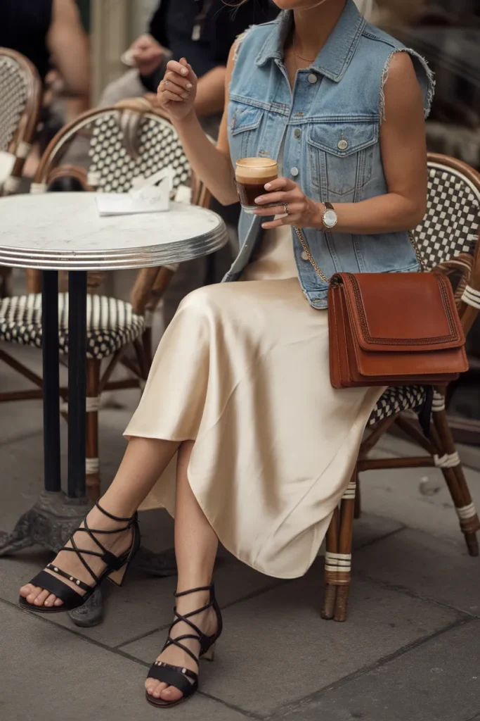 How To Style A Denim Vest Outfit With A Midi Slip Skirt