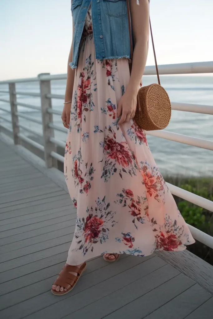 Layer A Jean Vest Over A Maxi Dress For Transitional Weather