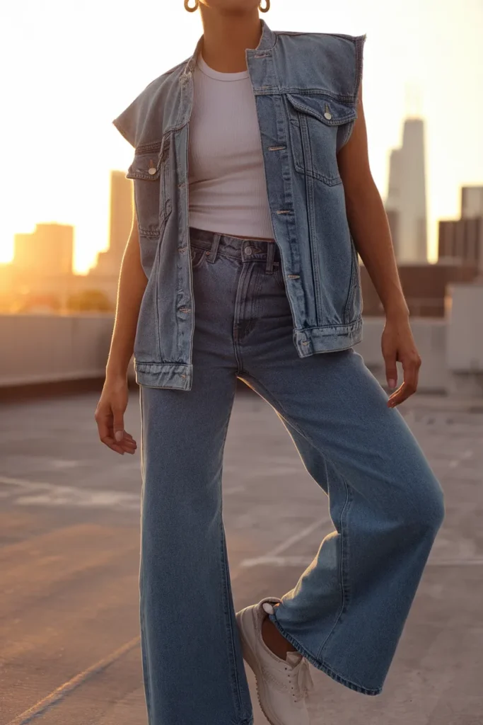 Monochrome Magic With Matching Denim Vest And Jeans