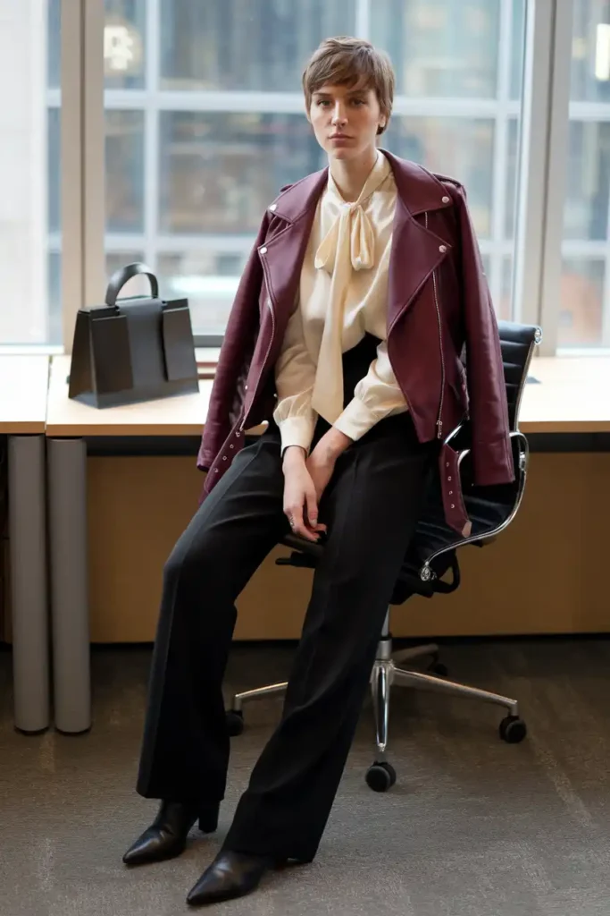 Moto Jacket Outfit for the Office Without Breaking Dress Code