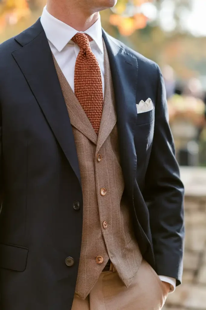 Navy Suit and Brown Vest for Fall Occasions