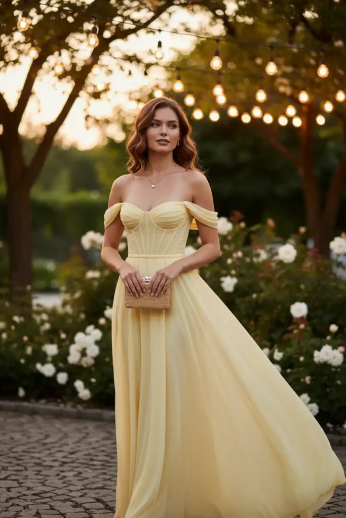 Off shoulder long dresses bring easy elegance to evening events
