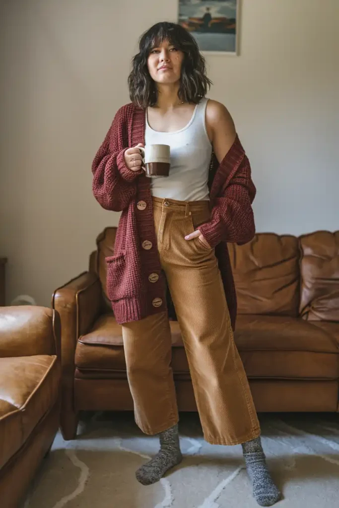 Pair a Vintage Red Cardigan with Corduroy Pants
