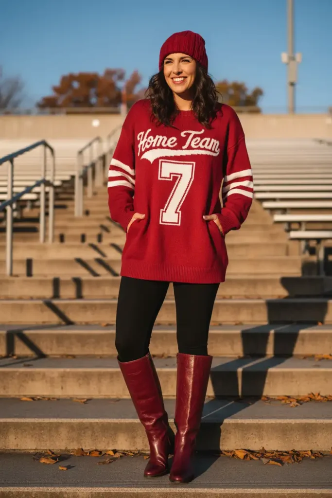 Red Boots Outfit Idea for a Bold Game Day Statement