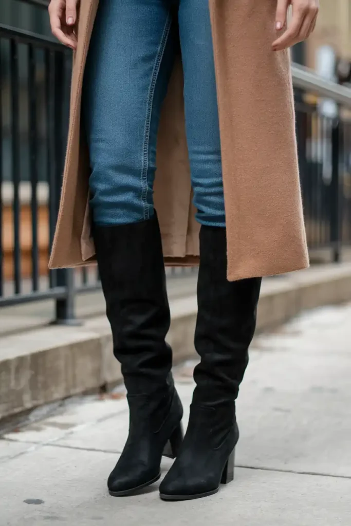 Skinny jeans tucked into boots: the easiest fix for short legs