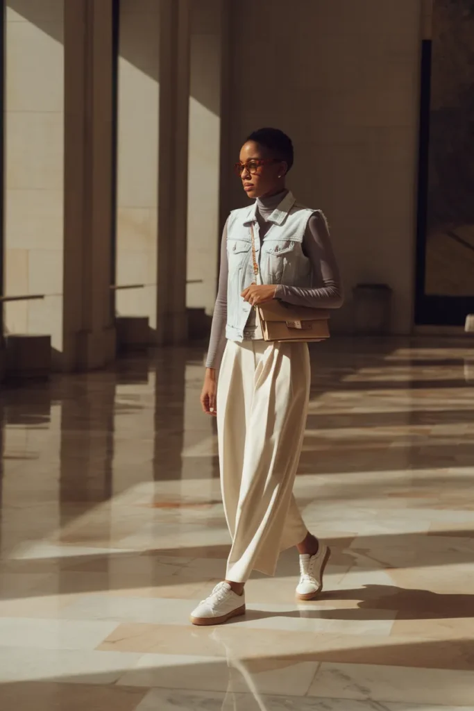 Smart Casual With A Denim Vest And Pleated Trousers