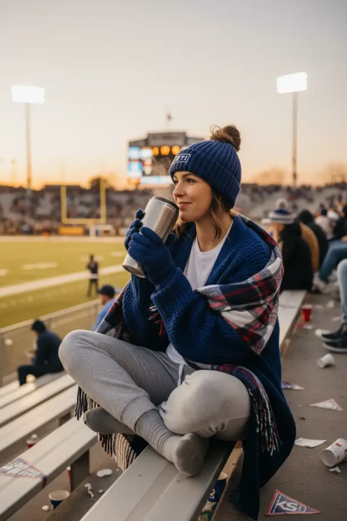 Sweatpants With Cardigan Outfit for Cold Stadium Nights