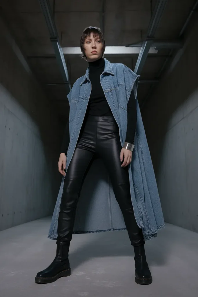 The Edgy Minimalist Denim Vest And Leather Pant Combo