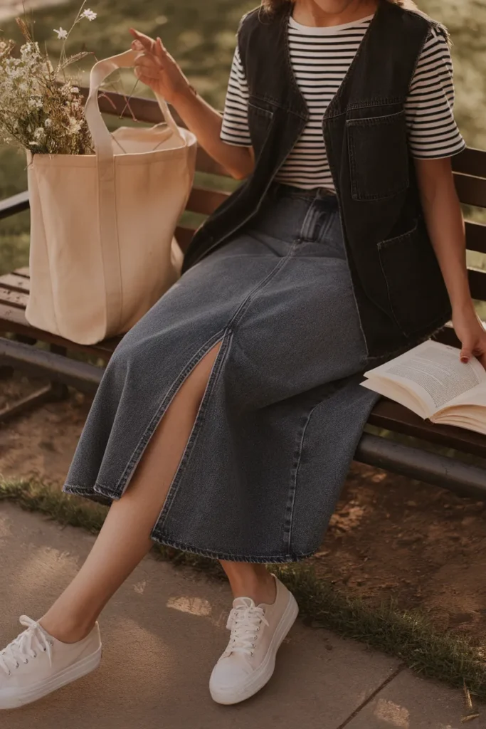 The Oversized Denim Skirt And Vest Combo For Easy Weekends
