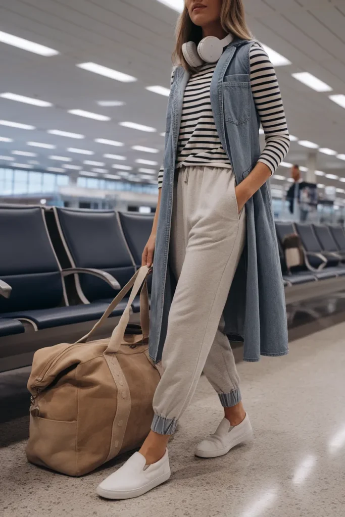 The Travel Uniform Denim Vest With Joggers And A Tee