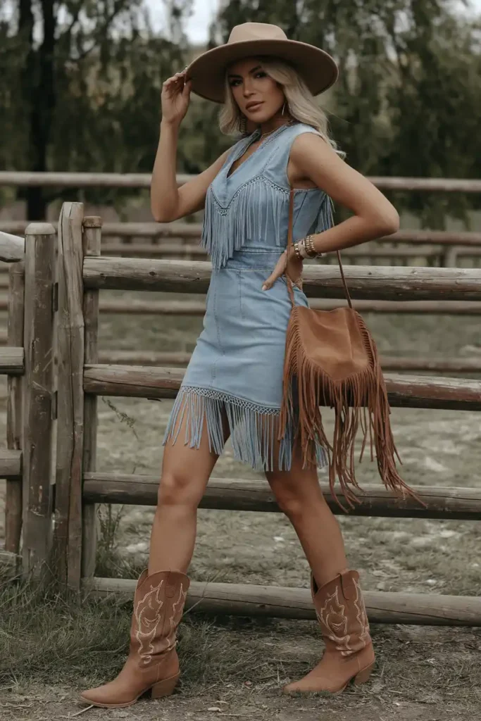 Trendy Cowboy Boot Outfit Pairings With Denim Dresses