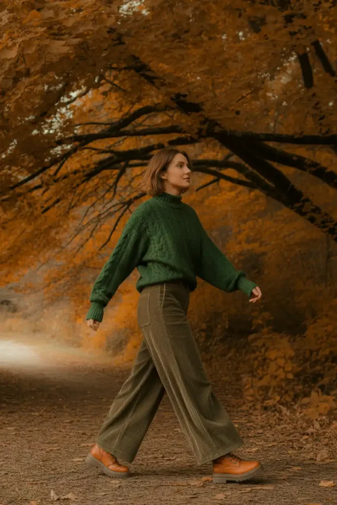 A Green Knit Sweater Fall Look for Tree-Lined Paths