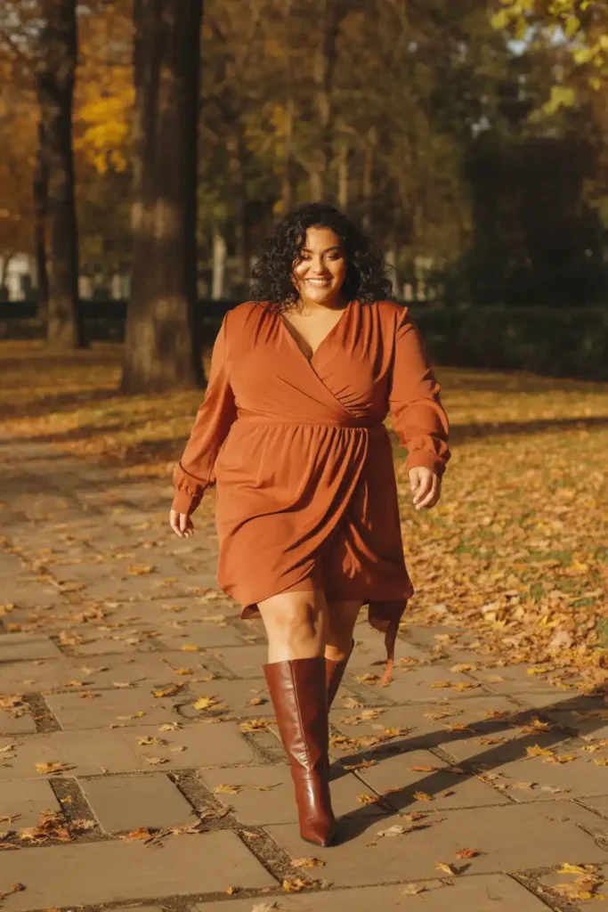 A Tall Brown Boots Outfit That Flatters Curves