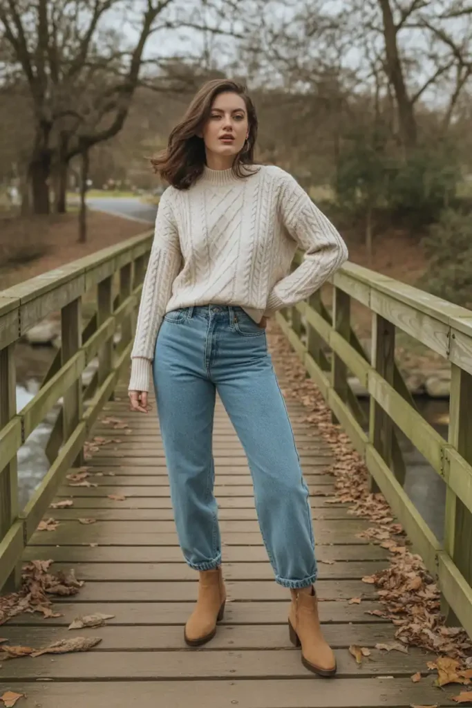 Pairing a Cream Sweater Outfit With Dark Denim