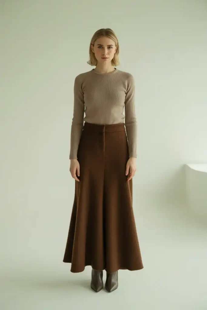 Style a Long Brown Wool Skirt Without Looking Bulky