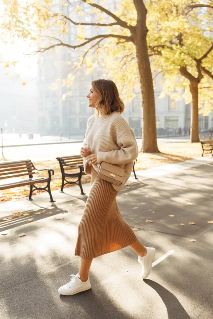 Styling a Skirt and Sneakers Combo for Long Walks