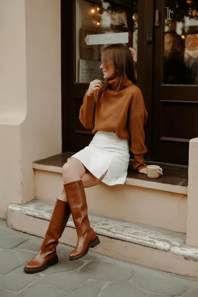 White Mini Skirt Fall Looks With Tall Boots