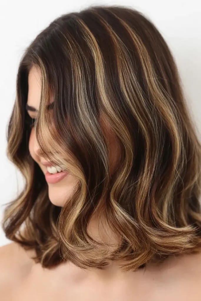 Chin-Length Lobs With Foils On Brown Hair
