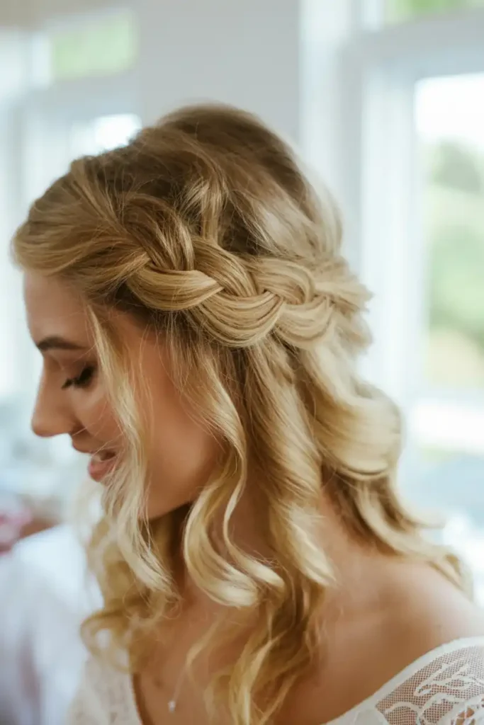 Soft Wavy Wedding Hair Gathered Into a Half-Updo